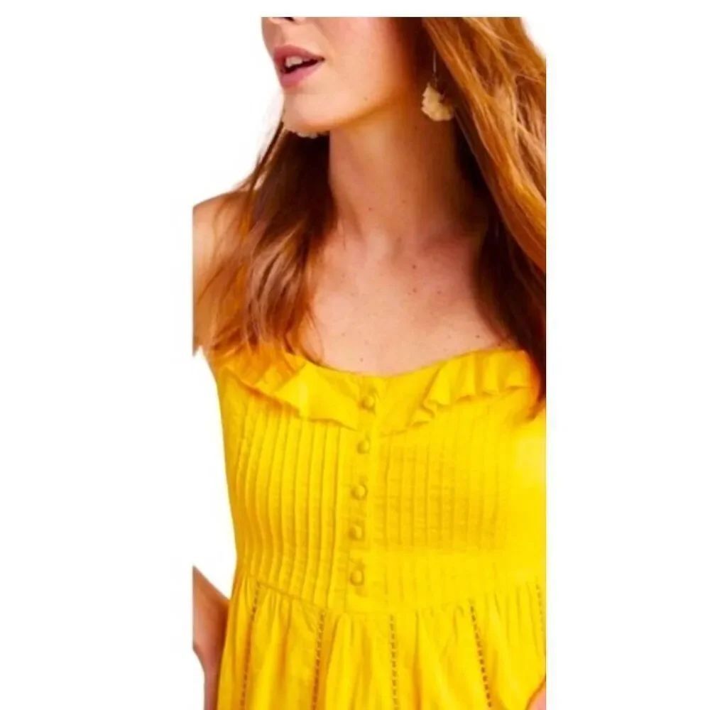 Anthropologie Maeve Yellow Pintuck Button Front Smocked Back Maxi Dress , EUC, S